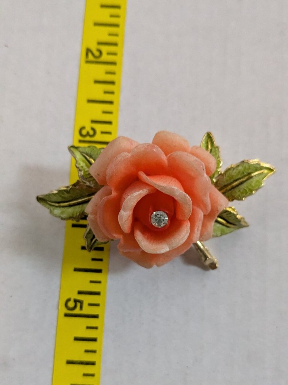 Pink Rose Clear Rhinestone Leaf Branch Enamel Gold Tone Brooch Pin